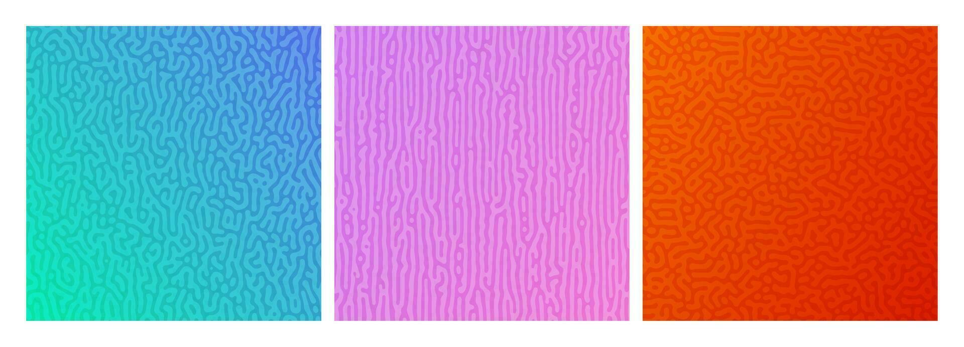 Set of three colorful turing reaction gradient backgrounds. Abstract diffusion pattern with chaotic shapes. Vector illustration.