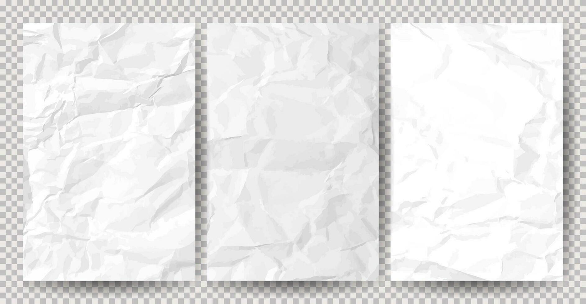 Set of white clean crumpled papers on transparent background. Crumpled empty sheets of paper with shadow for posters and banners. Vector illustration