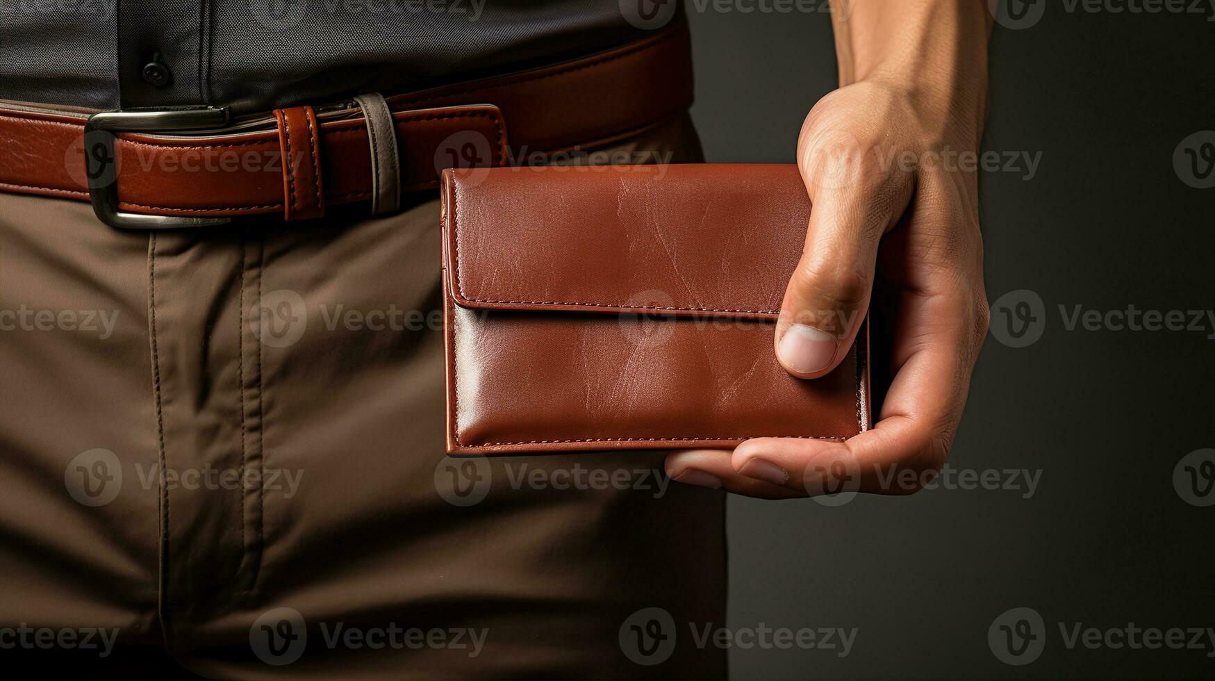 AI generated Men's hand holding leather wallet. Created with Generative AI photo