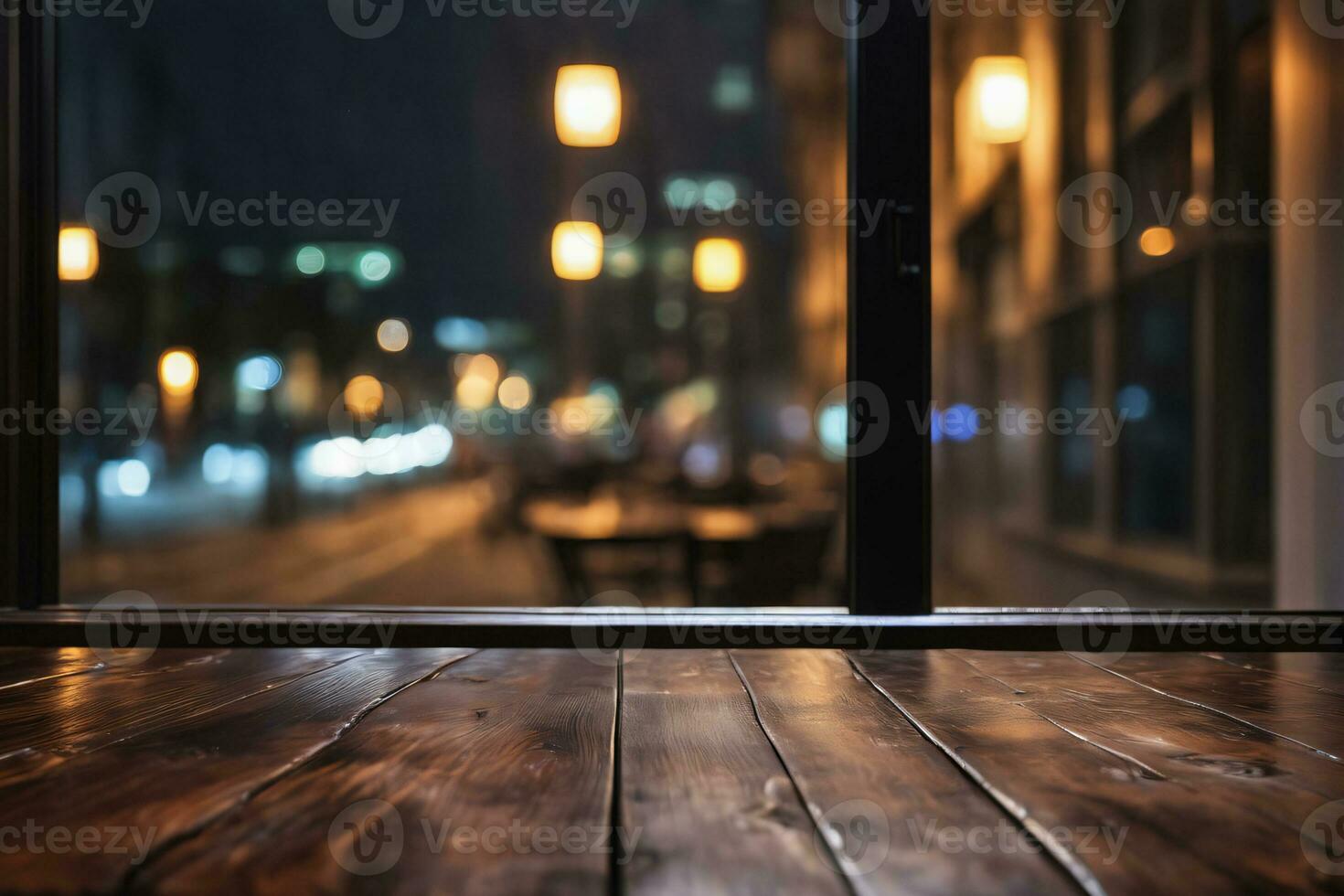 AI generated Empty Wooden Table in Front of Window with Bokeh Street Lights and Blurred View Background AI Generated photo