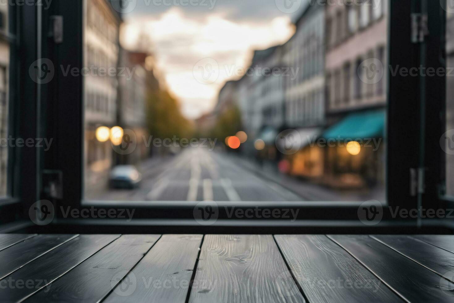 AI generated Black Wooden Table in Front of Window with Blurred Street View Background AI Generated photo