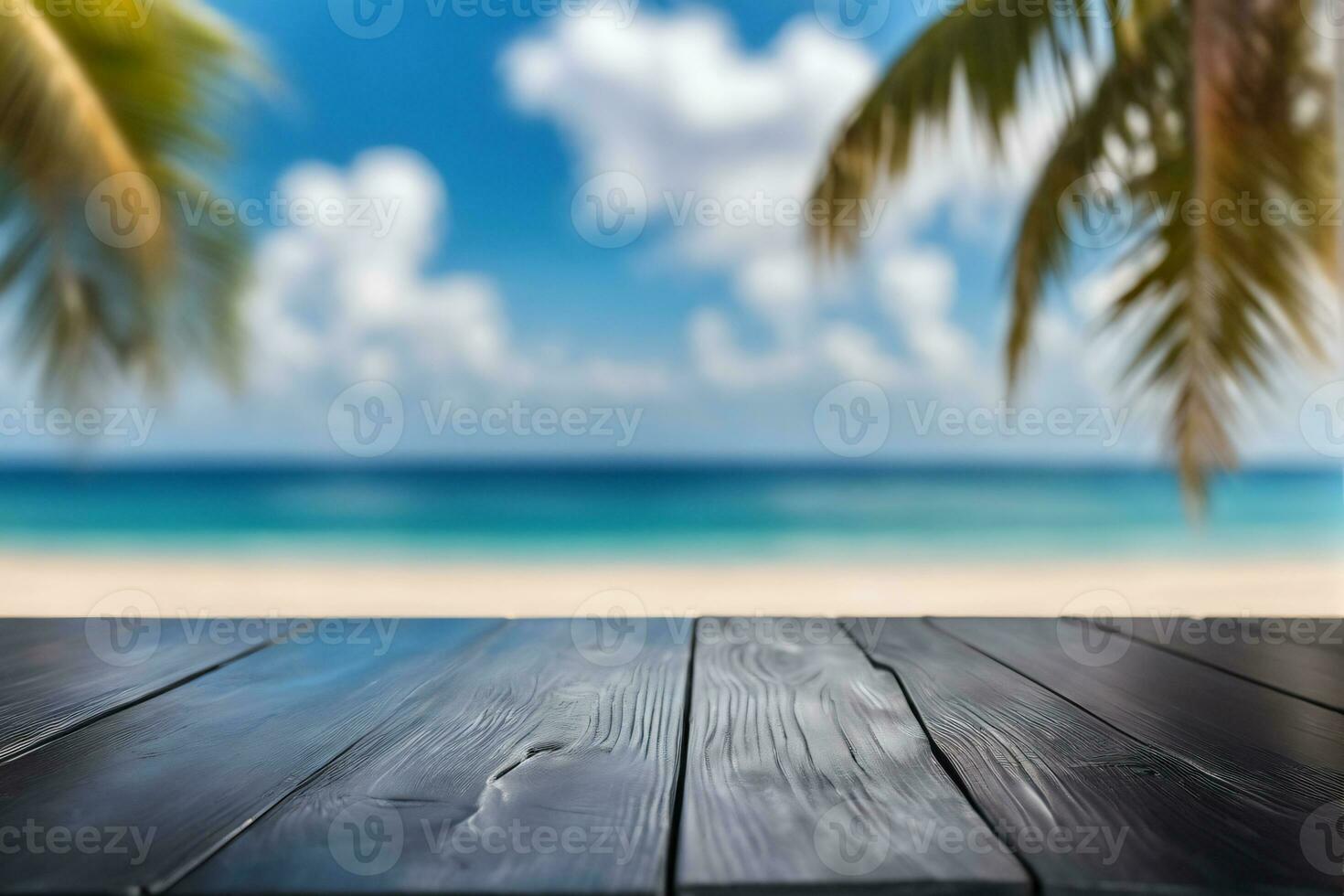 AI generated Empty Black Wooden Table with Blurred Beach Background AI Generated photo