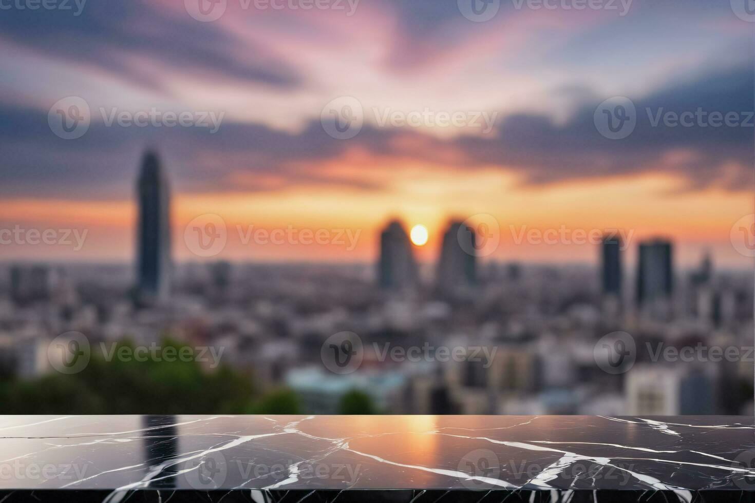 AI generated Empty Black Marble Table with Blurred City Skyscraper Scape View Landscape Background at Dawn or Dusk AI Generated photo