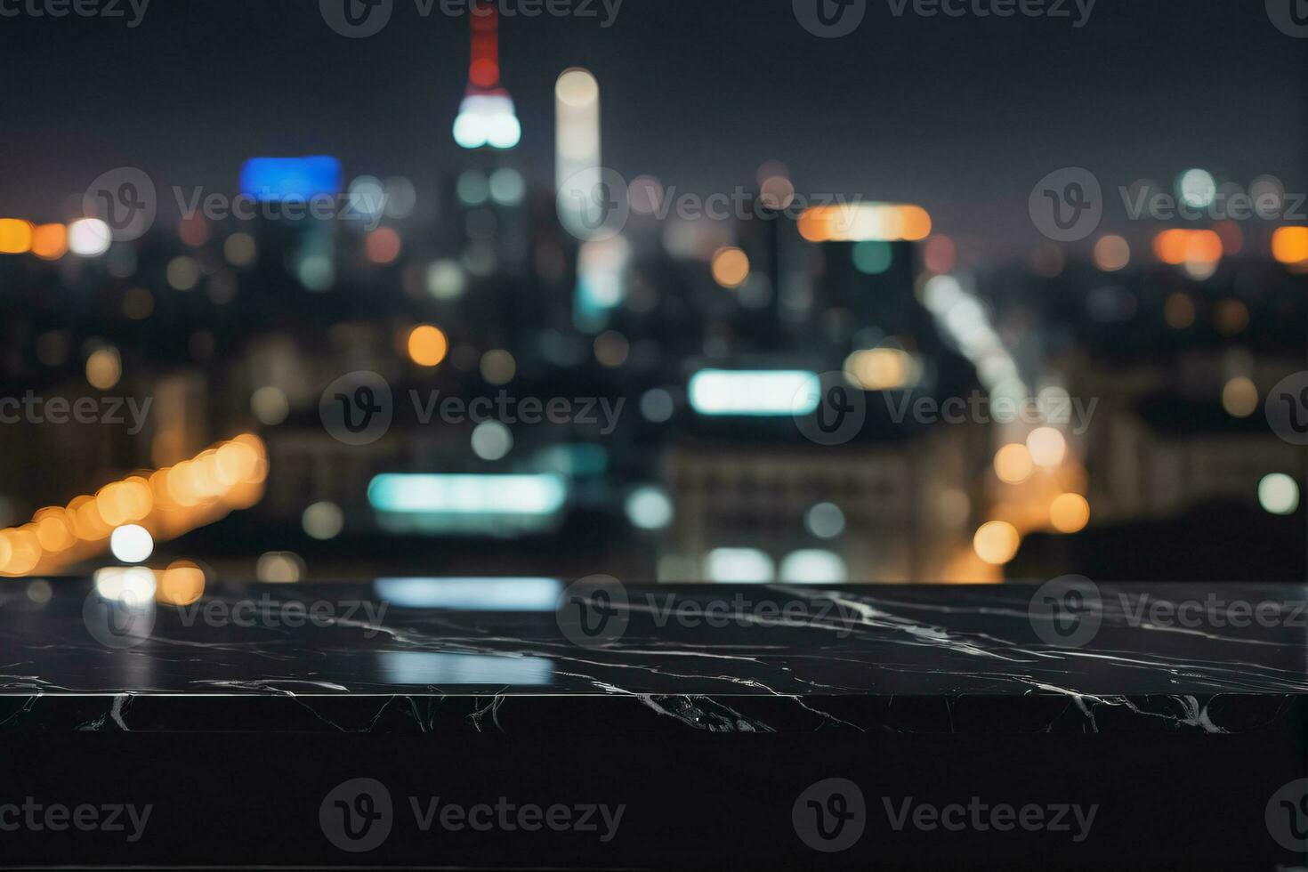 ai generado vacío negro mármol mesa con borroso ciudad rascacielos bohordo ver paisaje antecedentes a noche ai generado foto