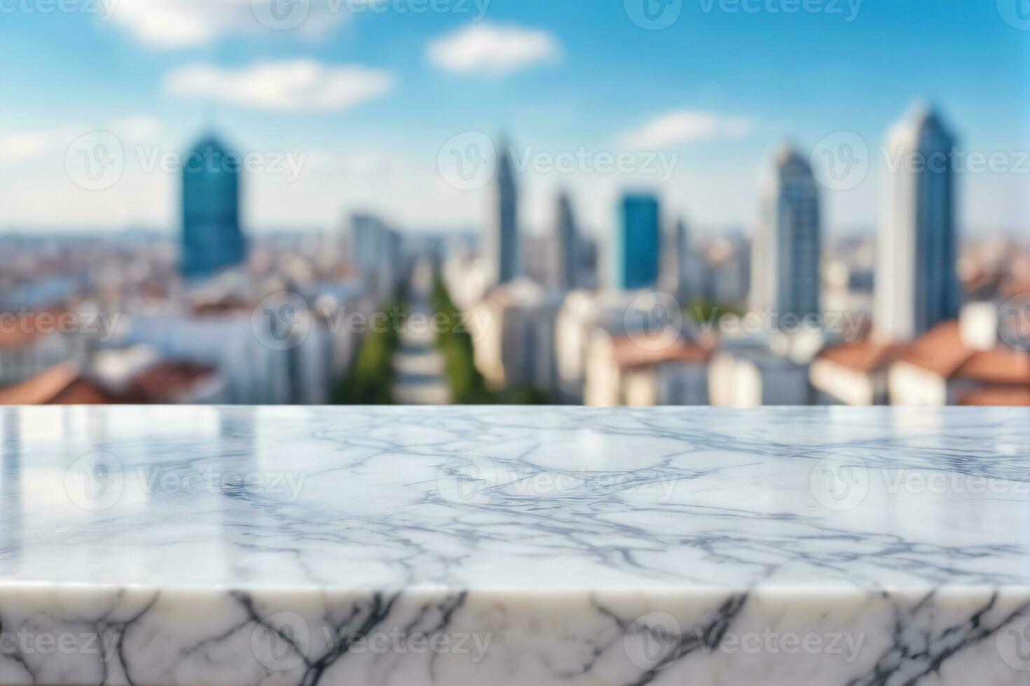 ai generado vacío blanco mármol mesa con borroso ciudad rascacielos bohordo ver paisaje antecedentes ai generado foto