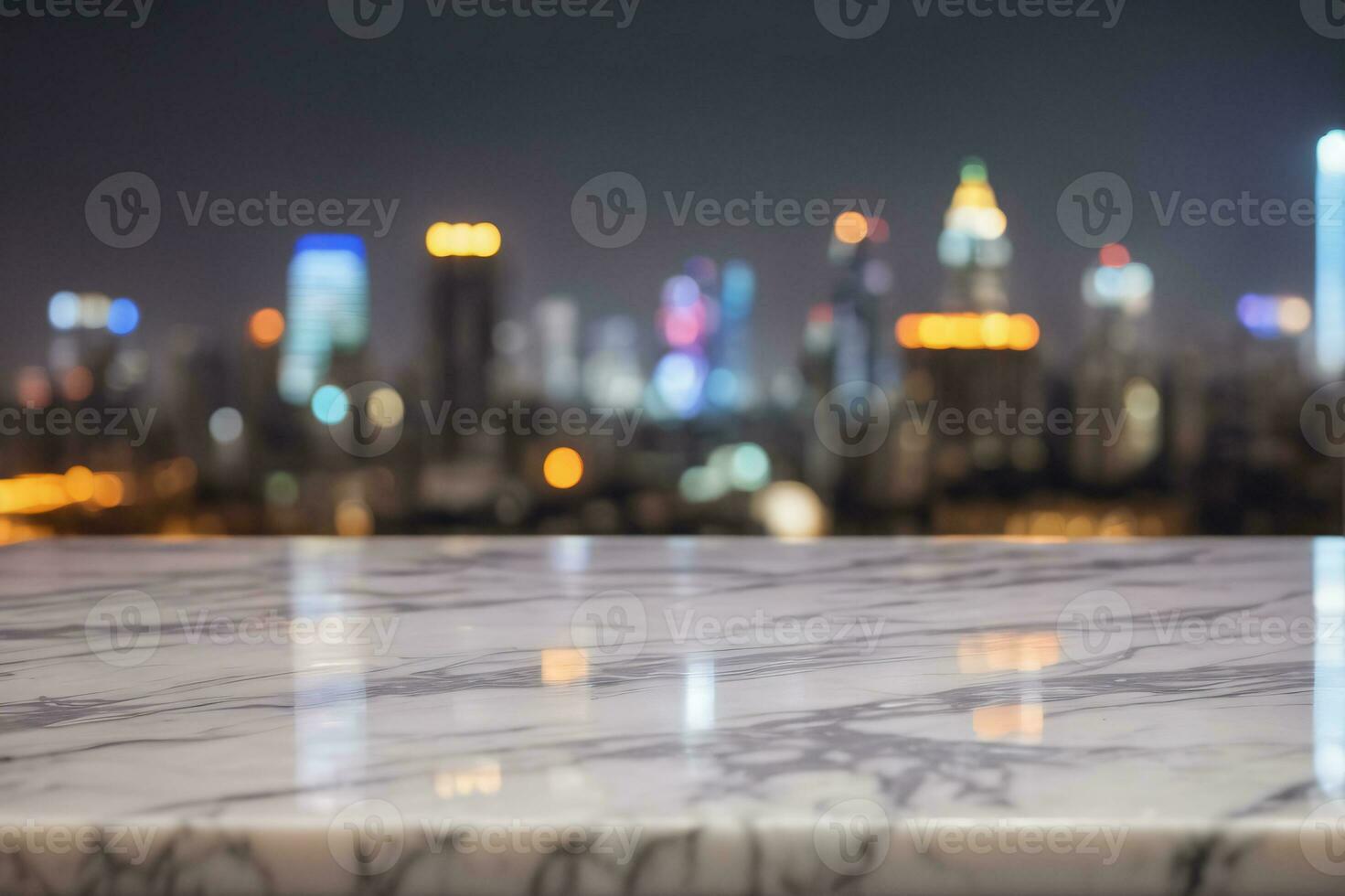 ai generado vacío blanco mármol mesa con borroso ciudad rascacielos bohordo ver paisaje antecedentes a noche ai generado foto
