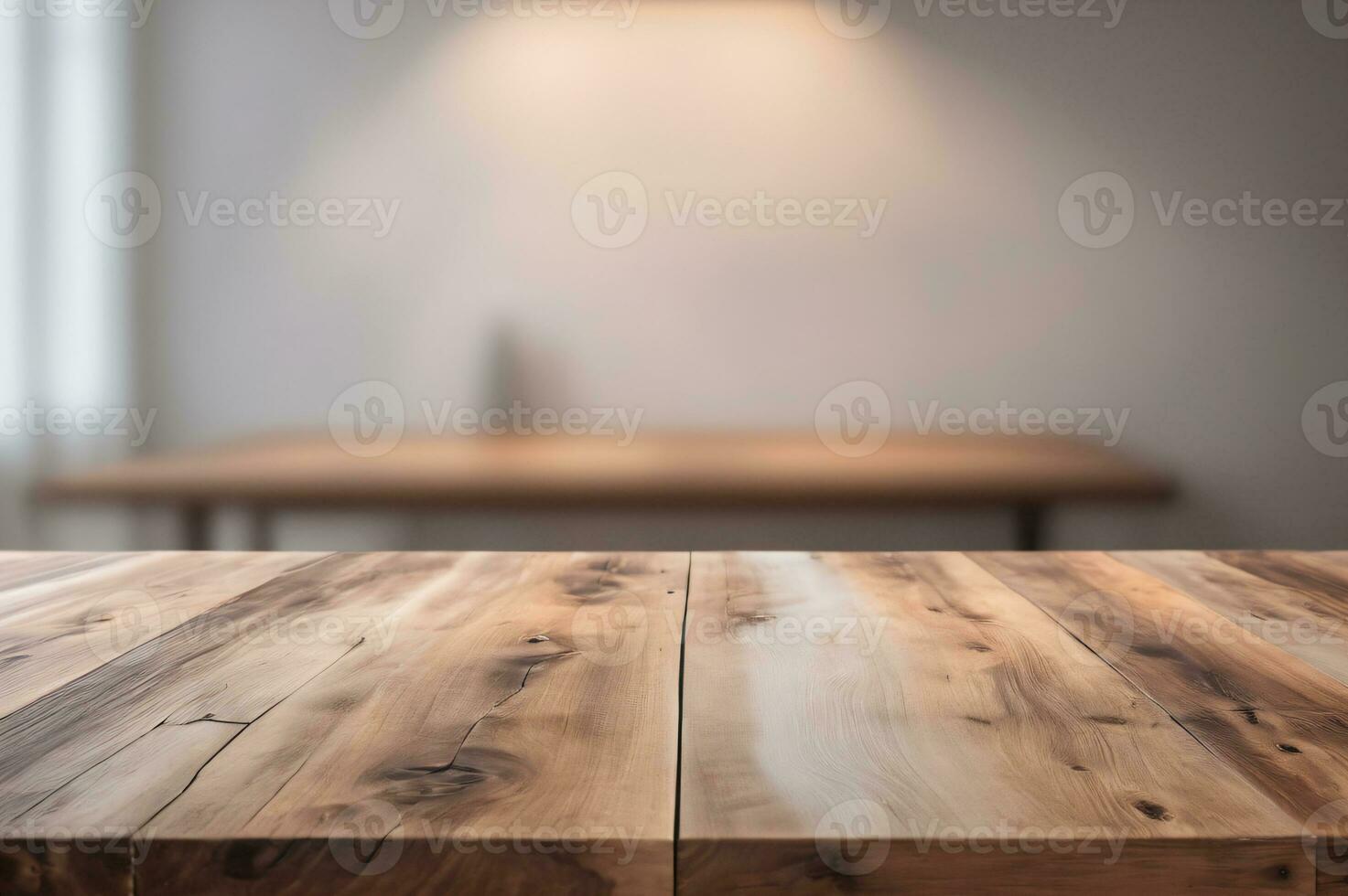 AI generated Empty Wooden Table in a Dimly Lit Room with Bokeh and Blurred Background AI Generated photo