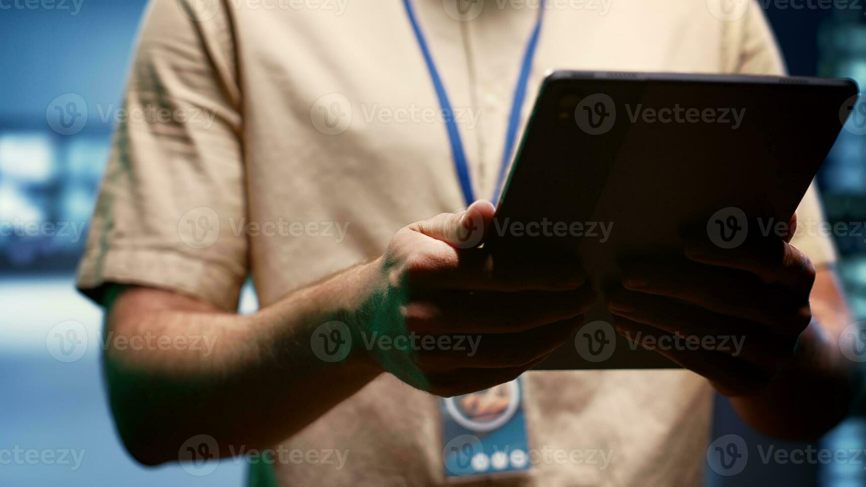 Employee doing yearly troubleshooting, extending server hub devices life span and avoiding downtime. Worker checking data center mainframes for power fluctuations, close up photo