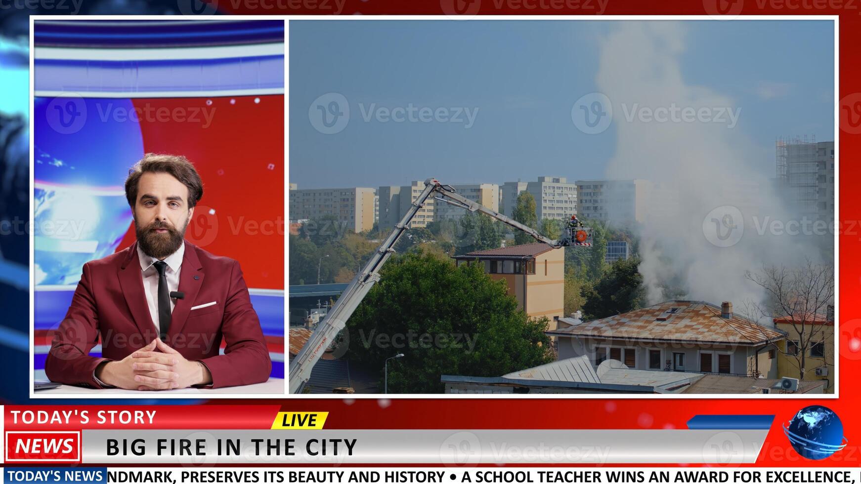Disturing footage of fire in the city, media journalst presenting breaking news about disaster and emergency rescue operation. Broadcaster talks about firefighters extinguish burning flames. photo
