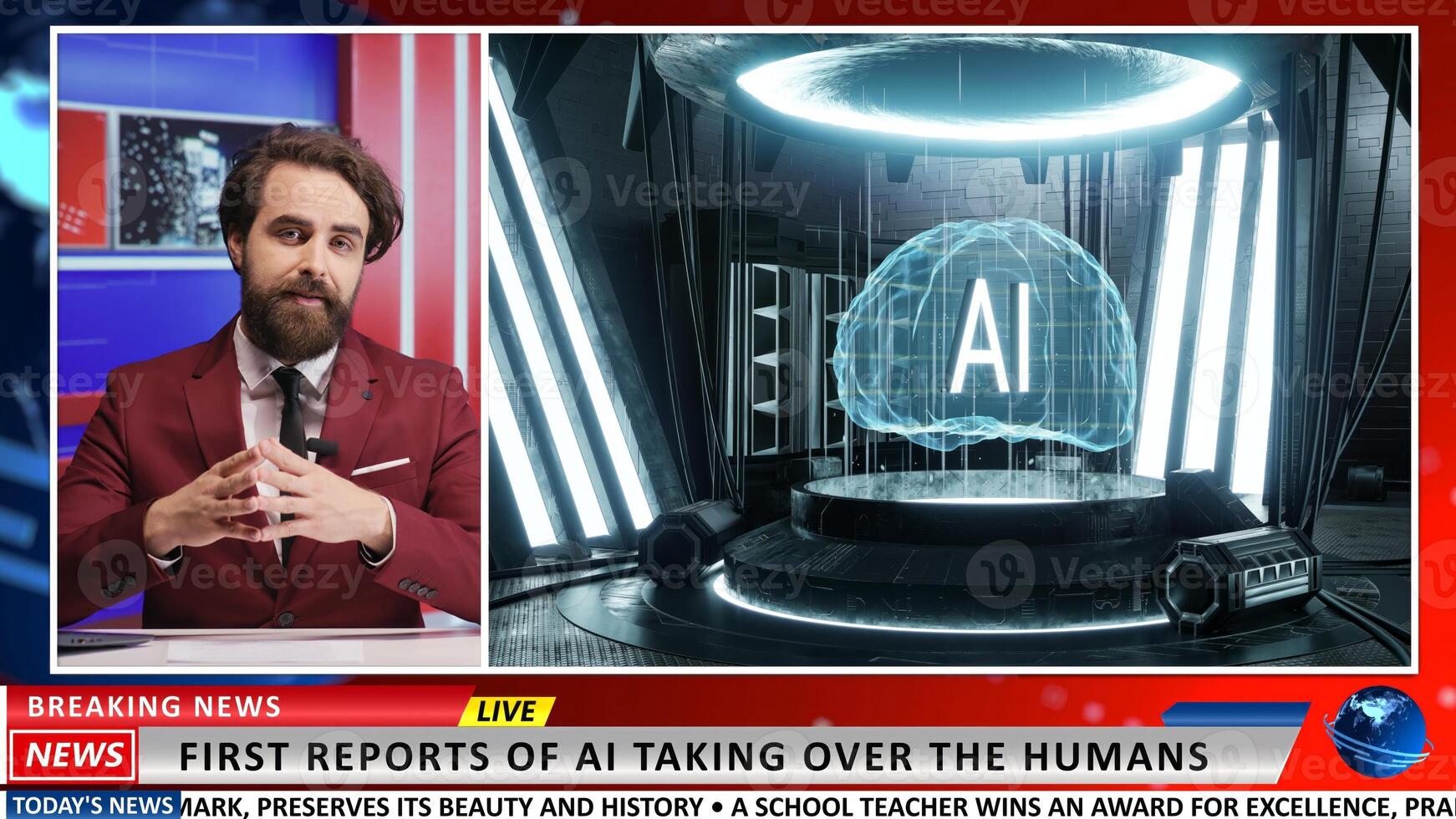 News reporter debates AI growth on live television, addressing artificial intelligence rise for media technology segment on newscast. Man presenter talks about innovation in newsroom. photo