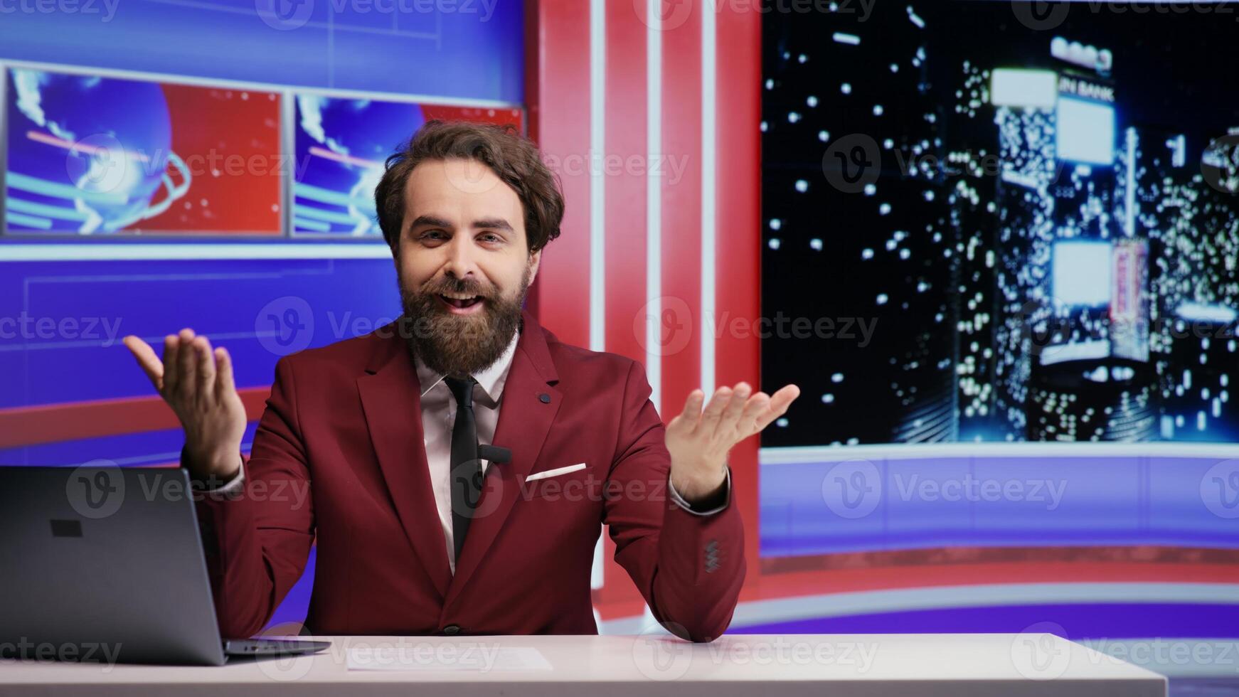 TV program host presenting world news on late night talk show, discusses about daily events broadcasting from studio. Man broadcaster hosting talk show and covering all topics from headlines. photo