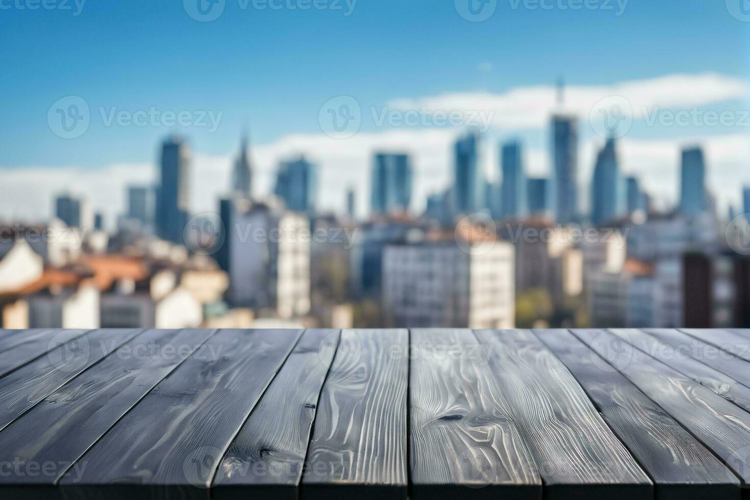 AI generated Empty Black Wooden Table with Blurred City Skyscraper Scape View Landscape Background AI Generated photo