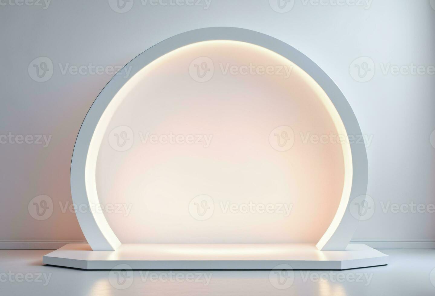 Empty White Rounded Pedestal Stage Light Illuminated Background for Product Placement photo