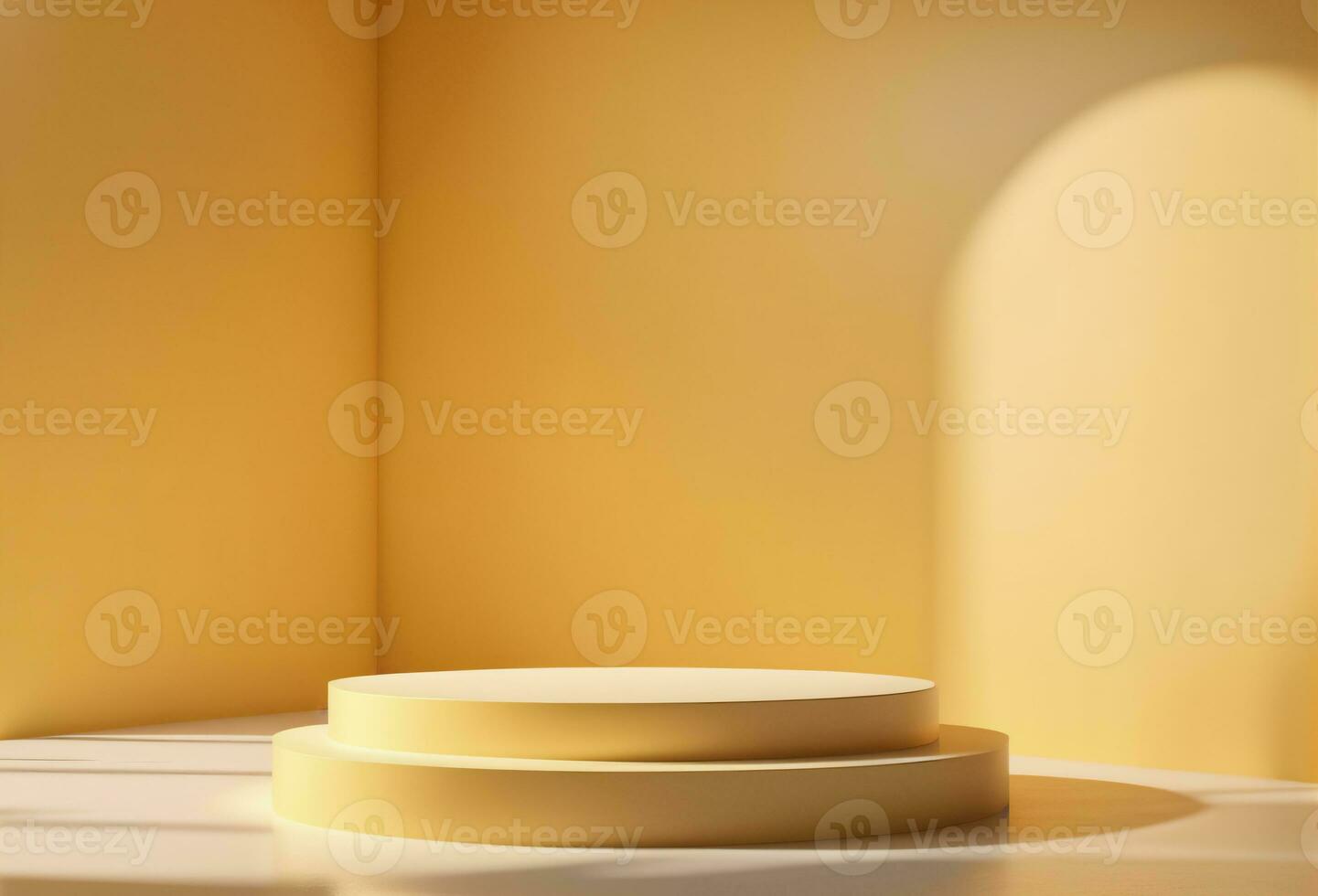 Empty Yellow Rounded Pedestal Stage Background with Natural Lighting for Product Placement photo