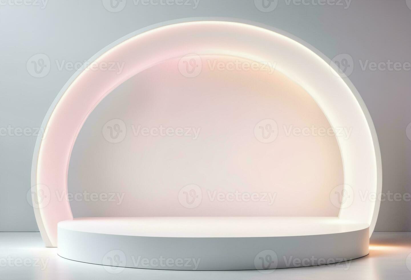 AI generated Empty White Rounded Pedestal Stage Light Illuminated Background for Product Placement AI Generated photo
