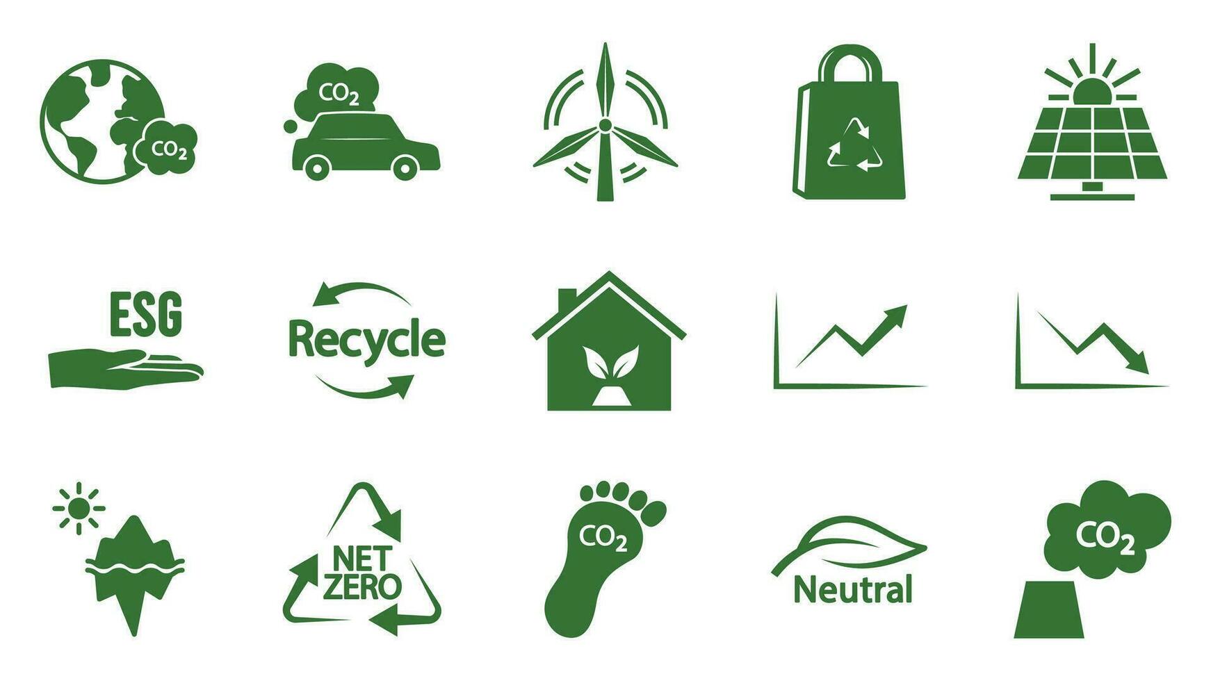 Icon collection with zero emissions esg symbol concept. greenhouse gas carbon credit design set. protect ecological green vector glyph. carbon net zero neutral natural. carbon footprint art pictogram