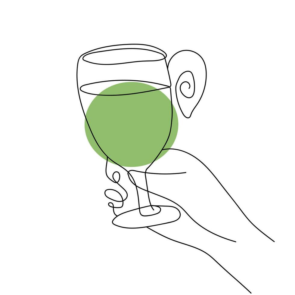 Hand holds a glass with a drink. Continuous one line drawing. Green alcoholic drink, tropical cocktail, fruit juice. Toast, congratulations, cheers. Celebration, party. Vector isolated on white.