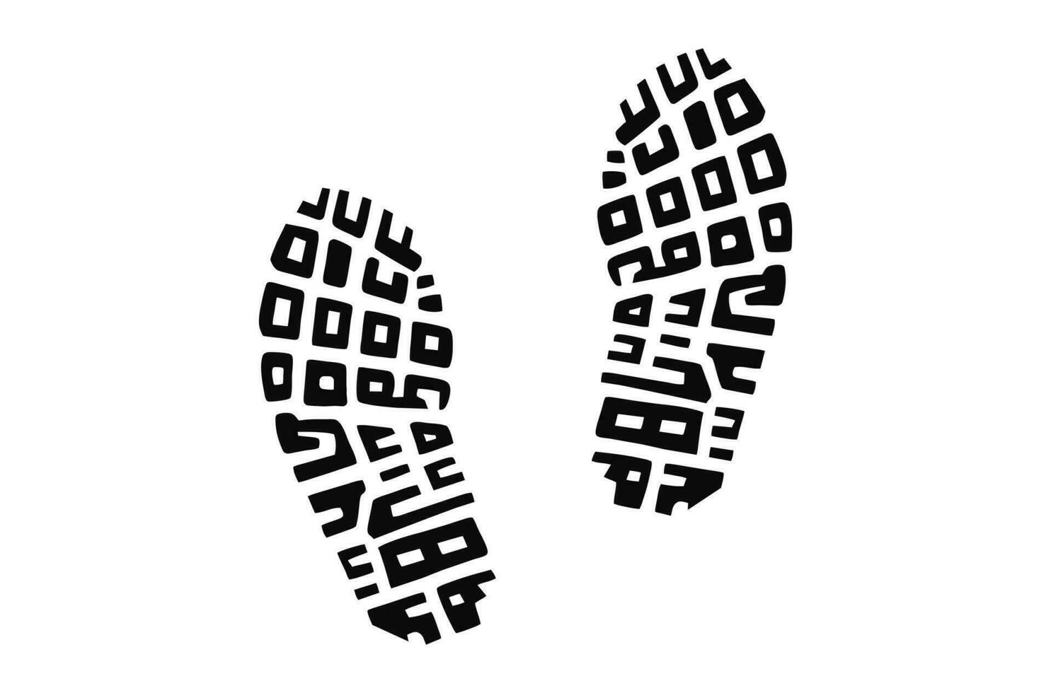 Human shoe footprints. Pair of prints of sneakers or boots. Left and right leg. Shoe sole. Walking foot steps. Black and white vector isolated on white. Icon, symbol, pictogram... Design element