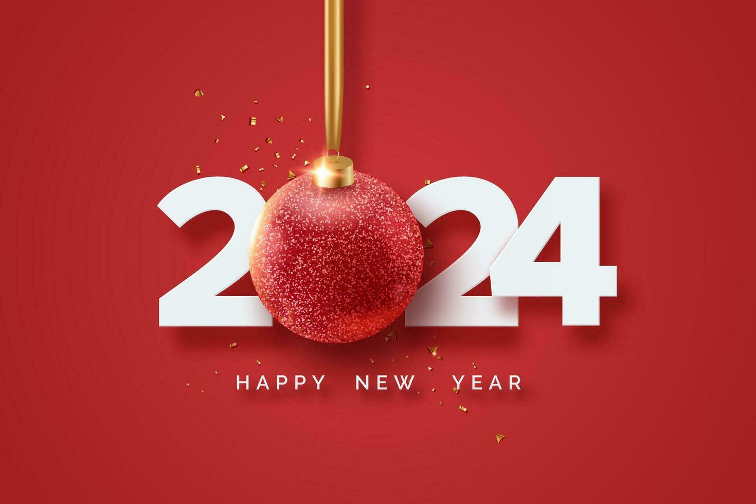 2024 Happy New Year. White numbers, confetti and Christmas ball hang on ribbon. Merry Christmas and New Year 2024 greeting card vector
