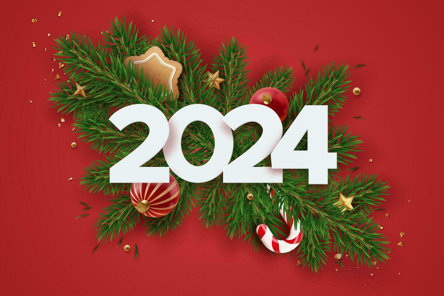 Happy New Year 2024 banner with candy, fir brunches and christmas element. Festive red background with realistic decorations vector