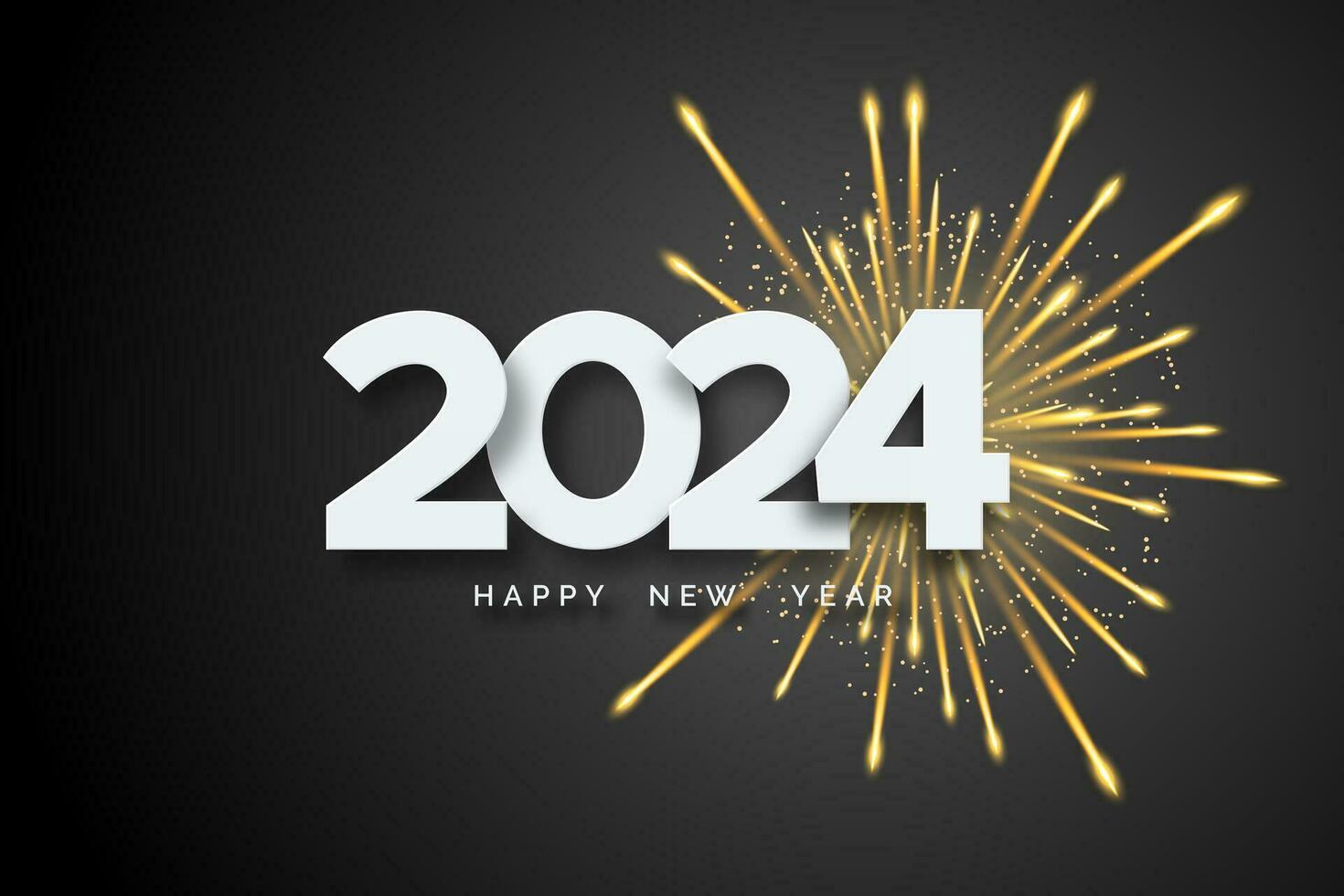 2024 Happy New Year. White numbers and firework on black background. Merry Christmas and New Year 2024 greeting card vector