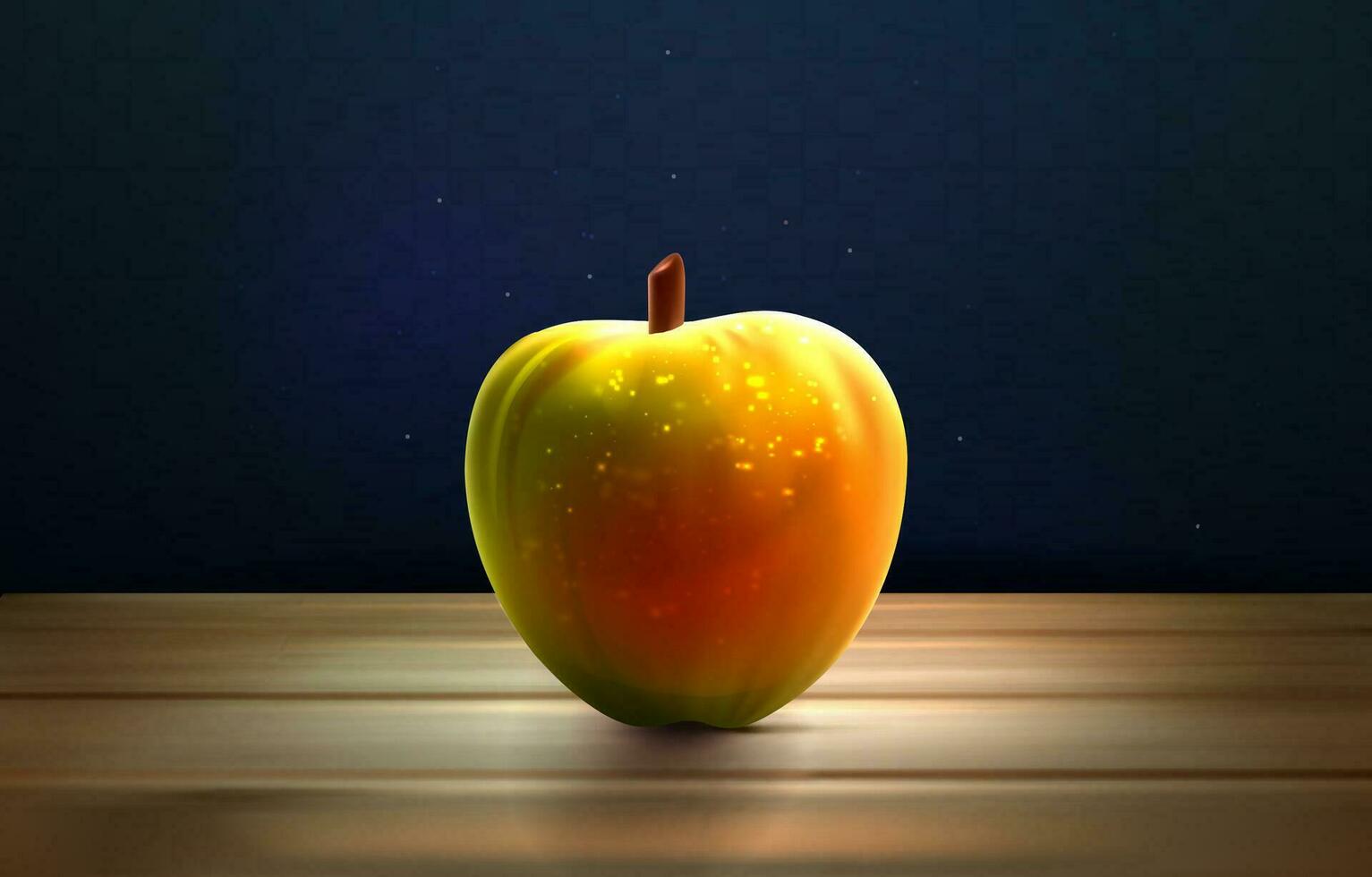 3d manzana en un de madera mesa y azul antecedentes. vector ilustración . eps 10