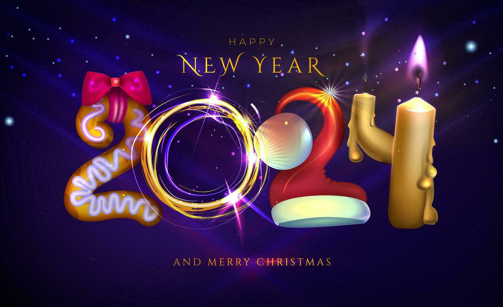 Happy New Year and Merry Christmas 2024. Vector illustration of candles, confetti, lights and cookies. Eps 10