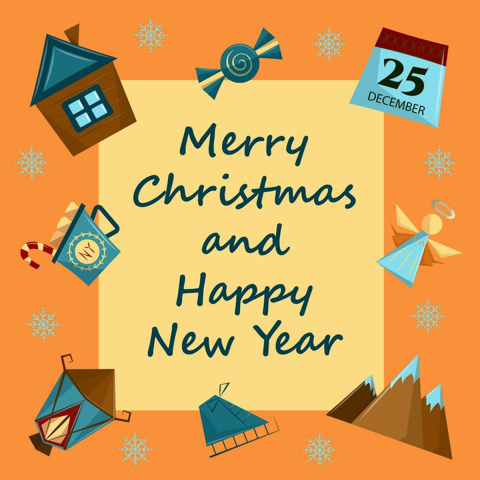 Christmas greeting card with holiday elements on orange background with inscription. New Year poster in abstract style. Vector flat illustration.
