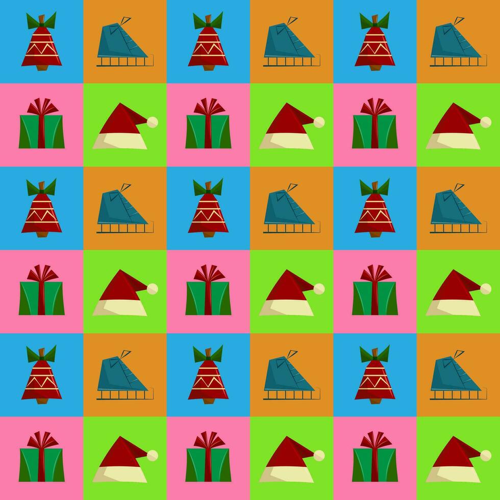 Festive bright seamless seamless pattern with Christmas elements. New Year abstract multicolored packaging. Flat vector illustration.