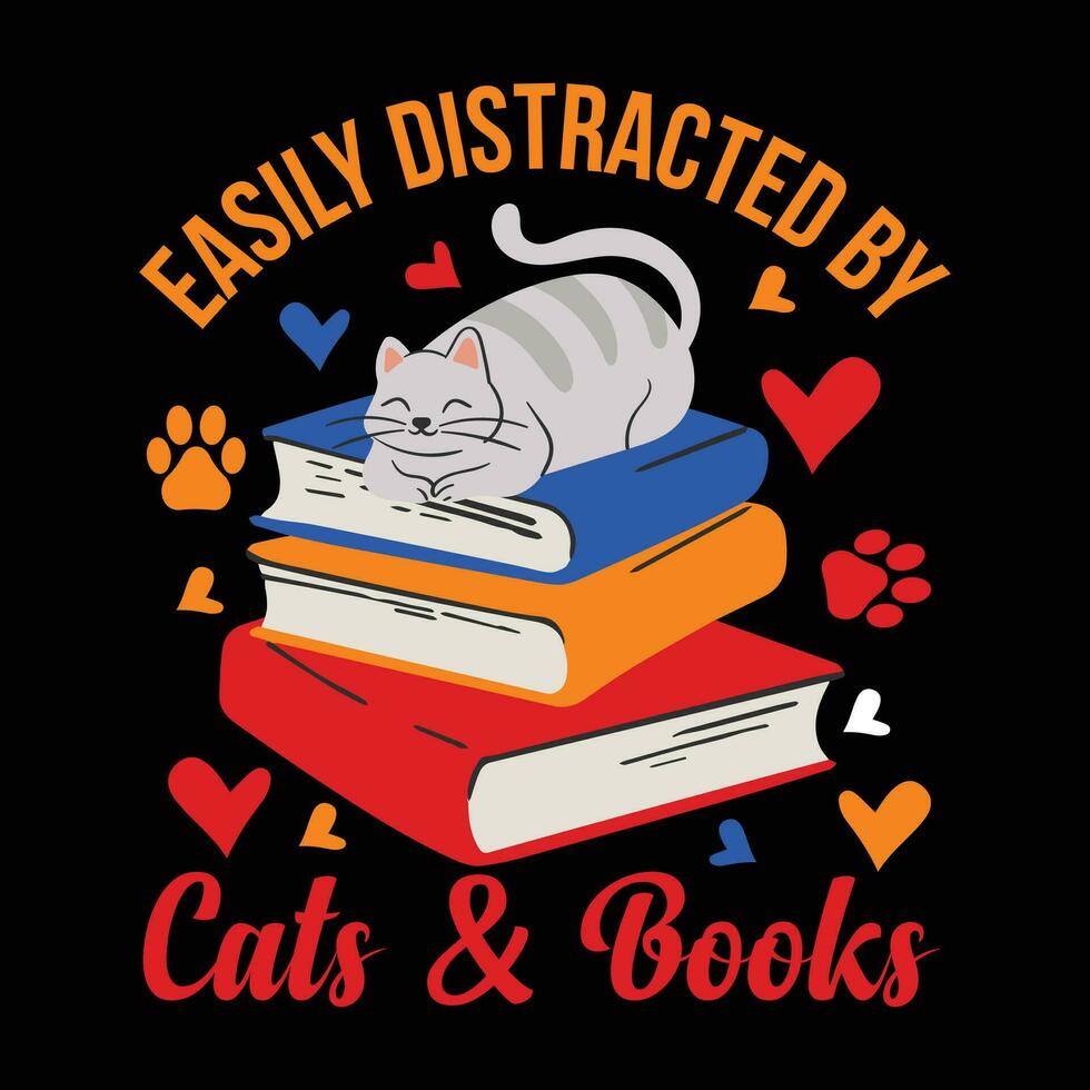 linda mascota tee fácilmente distraído por gatos y libros gracioso gato camiseta vector