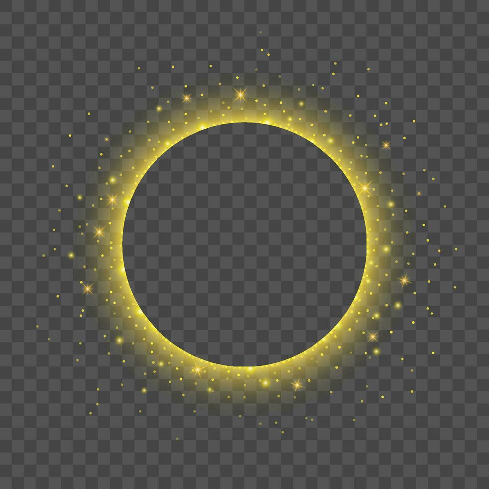 Glitter gold particles circle shape element for text and greeting card. Christmas glowing light bokeh background texture. vector