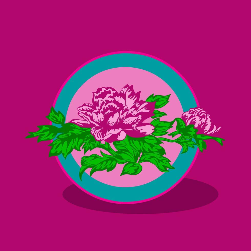 Rose flowers and leaves in a circle frame on a pink background. vector