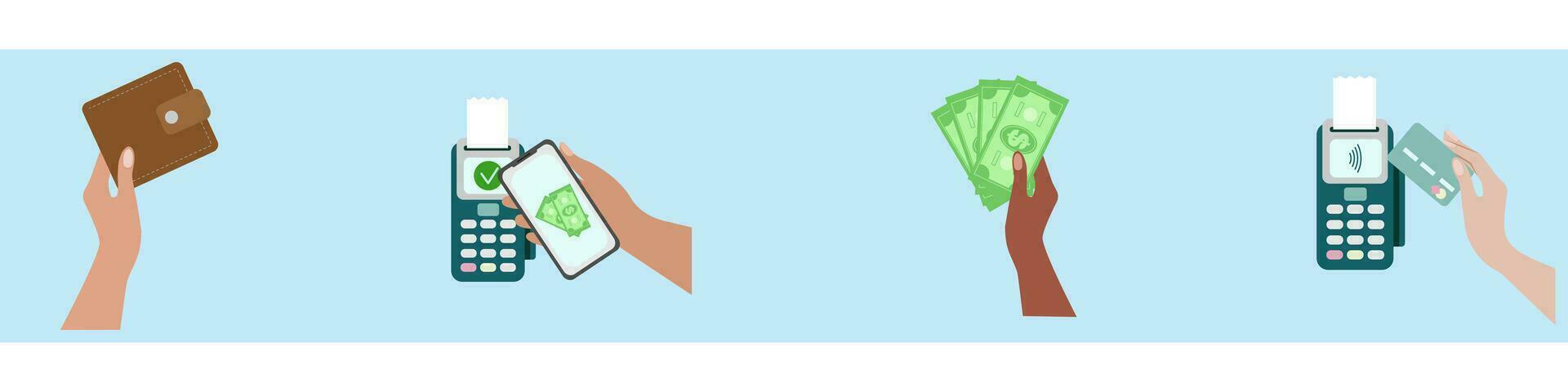 Set of hands making payment in different ways. Contactless payment by phone, bank card, devices with nfs, banknotes, wallet. Contactless Terminal, online money transfers, banking. Vector illustration