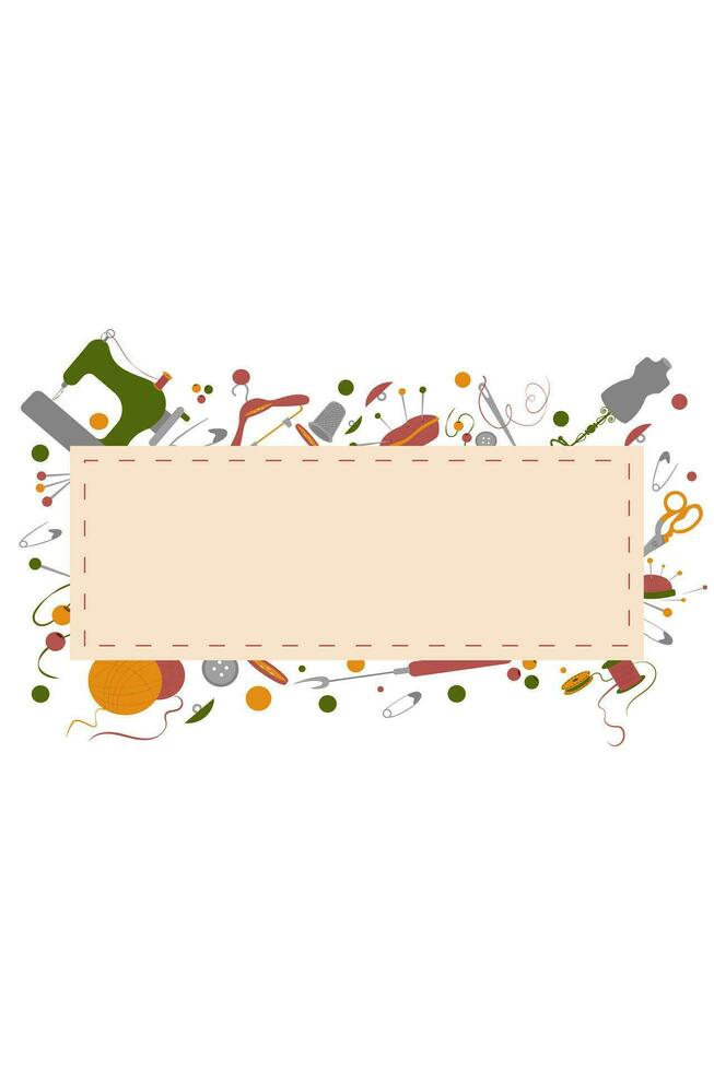backdrop illustration with different sewing items and decoration embroidery elements. Vector copy space frame template on white background