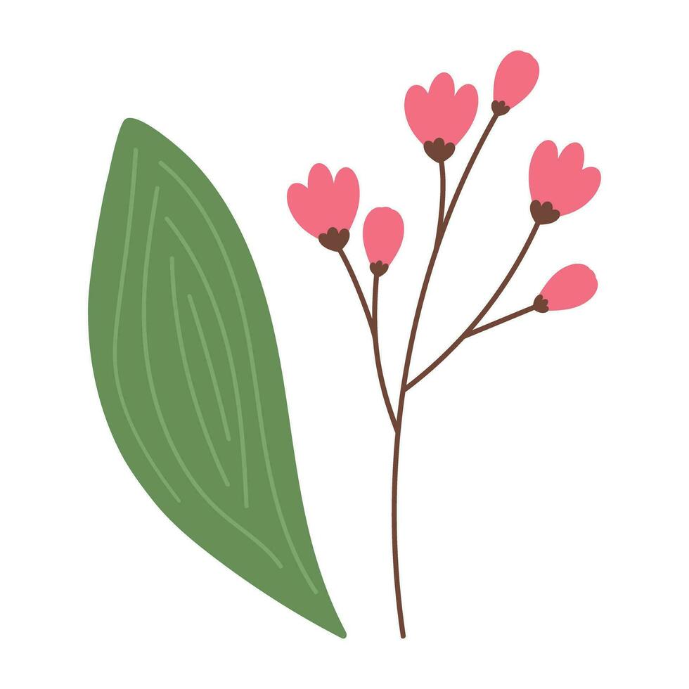 Abstract botanical set of flowering twig and spathiphyllum leaf in trendy shades. Hello spring. vector