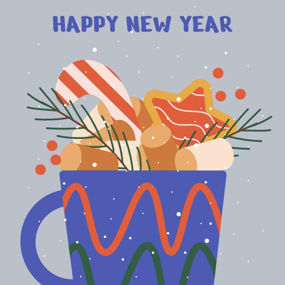 Happy new year and Merry Christmas greeting card with a cup and elements, cream, twigs, cookies, Christmas tree. vector