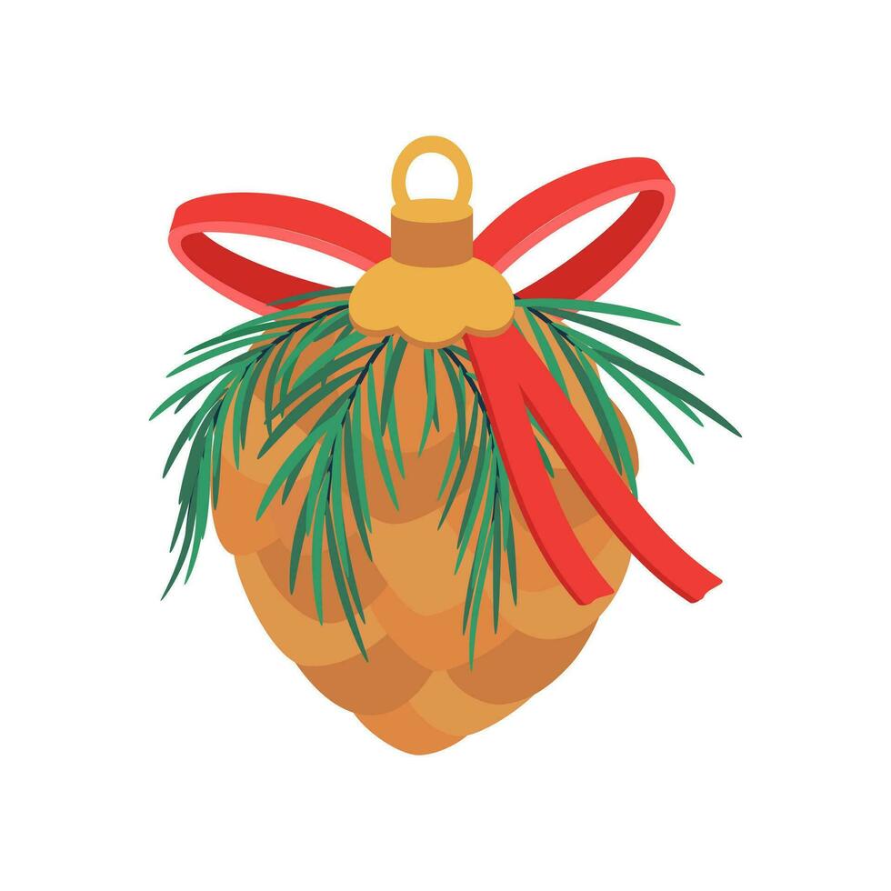 Christmas toy, ornament for the tree, pine cone with ribbon and bow. Winter holiday element. vector