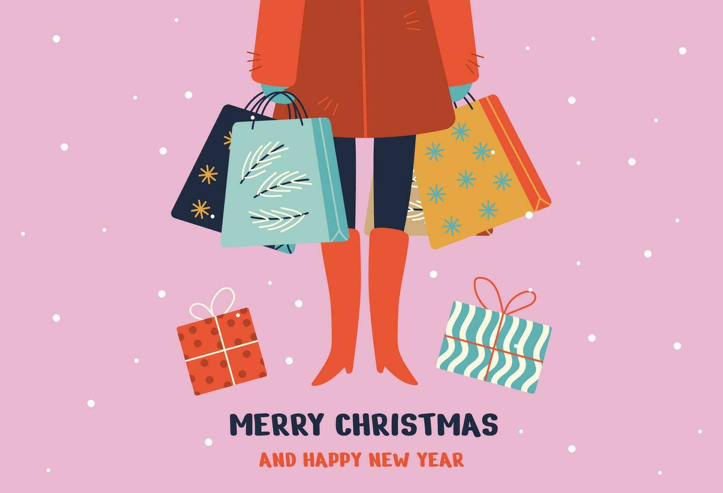 contento nuevo año y alegre Navidad fiesta tarjeta, tarjeta postal plantillas con gente, regalos y nieve. alegre Navidad, contento vacaciones, acebo alegre texto. vector