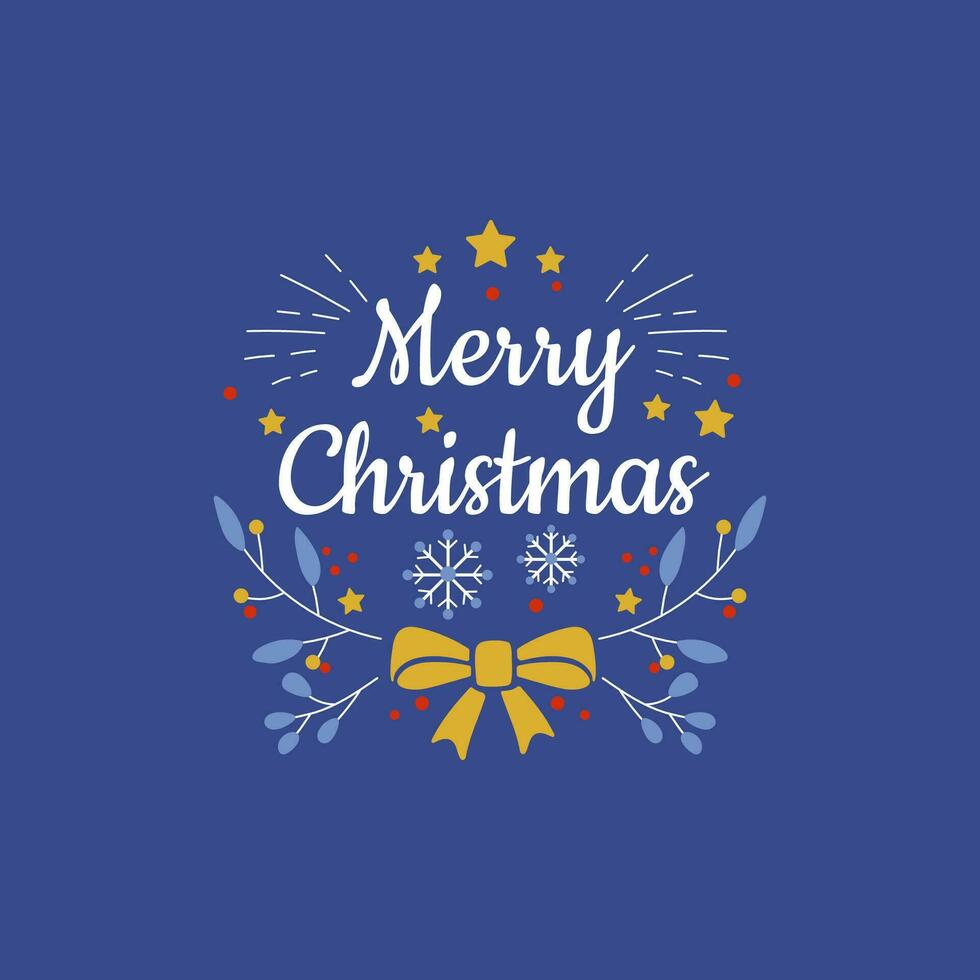 Postcard with text merry christmas with xmas decorations and typography design. vector