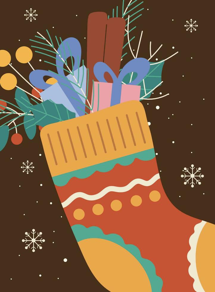 Happy new year and Merry Christmas greeting card with sock and decor, twigs, snowflakes, gift boxes, leaves, cinnamon. vector