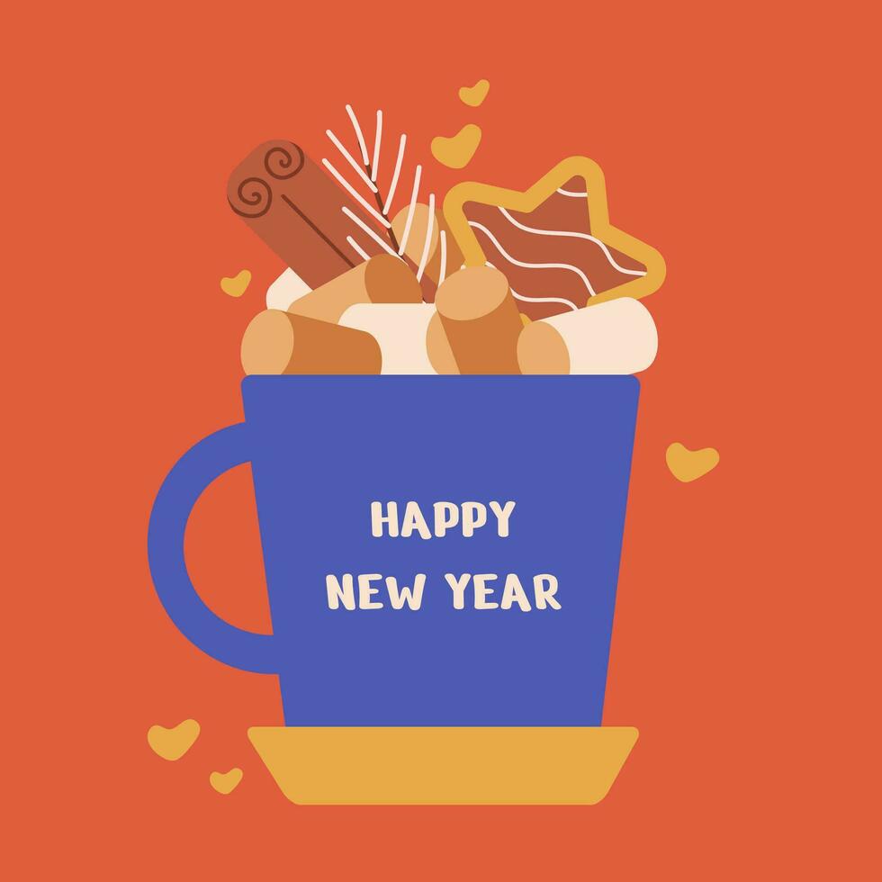 Happy new year and Merry Christmas greeting card with a cup and elements, cream, twigs, cookies, Christmas tree. vector