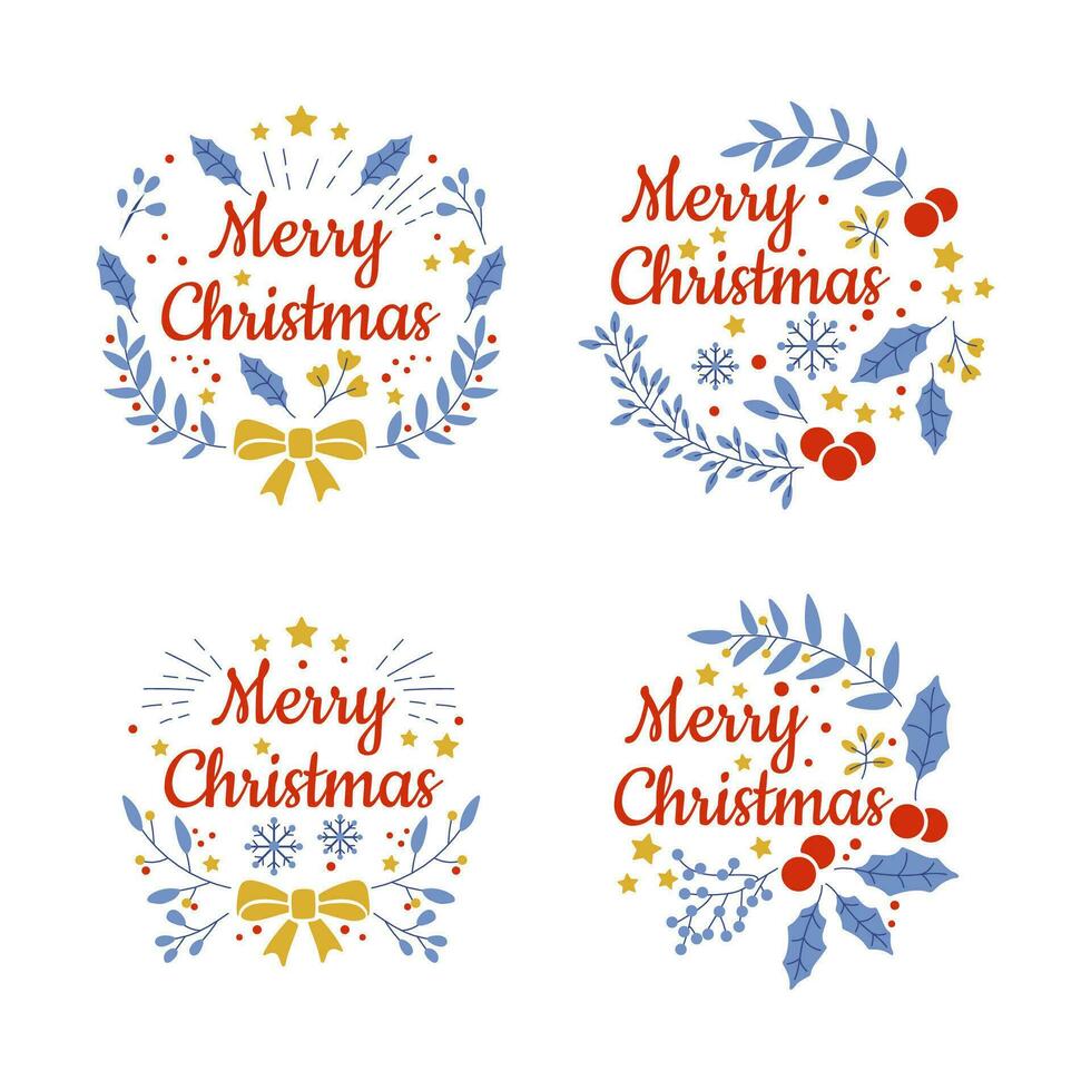 Postcard with text merry christmas with xmas decorations and typography design. vector