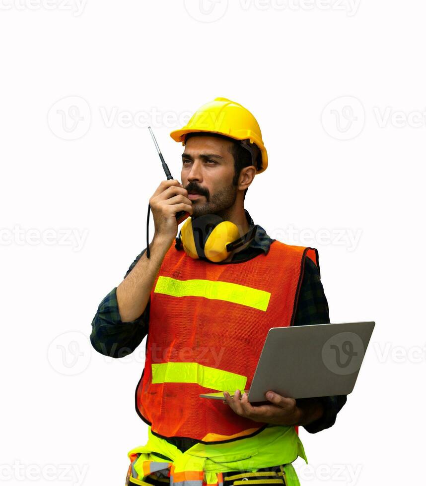 industrial worker using walkie talkie isolated photo