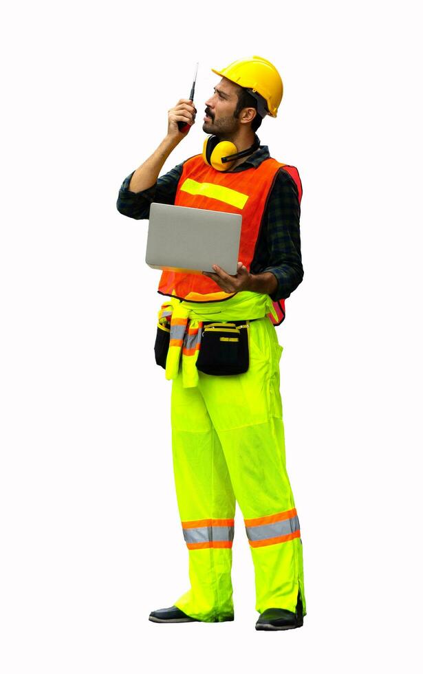 industrial worker using walkie talkie isolated photo