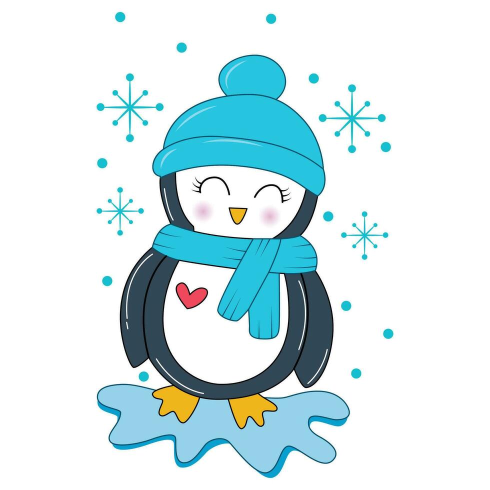 vector ilustración de linda dibujos animados pingüino con taza en un nieve