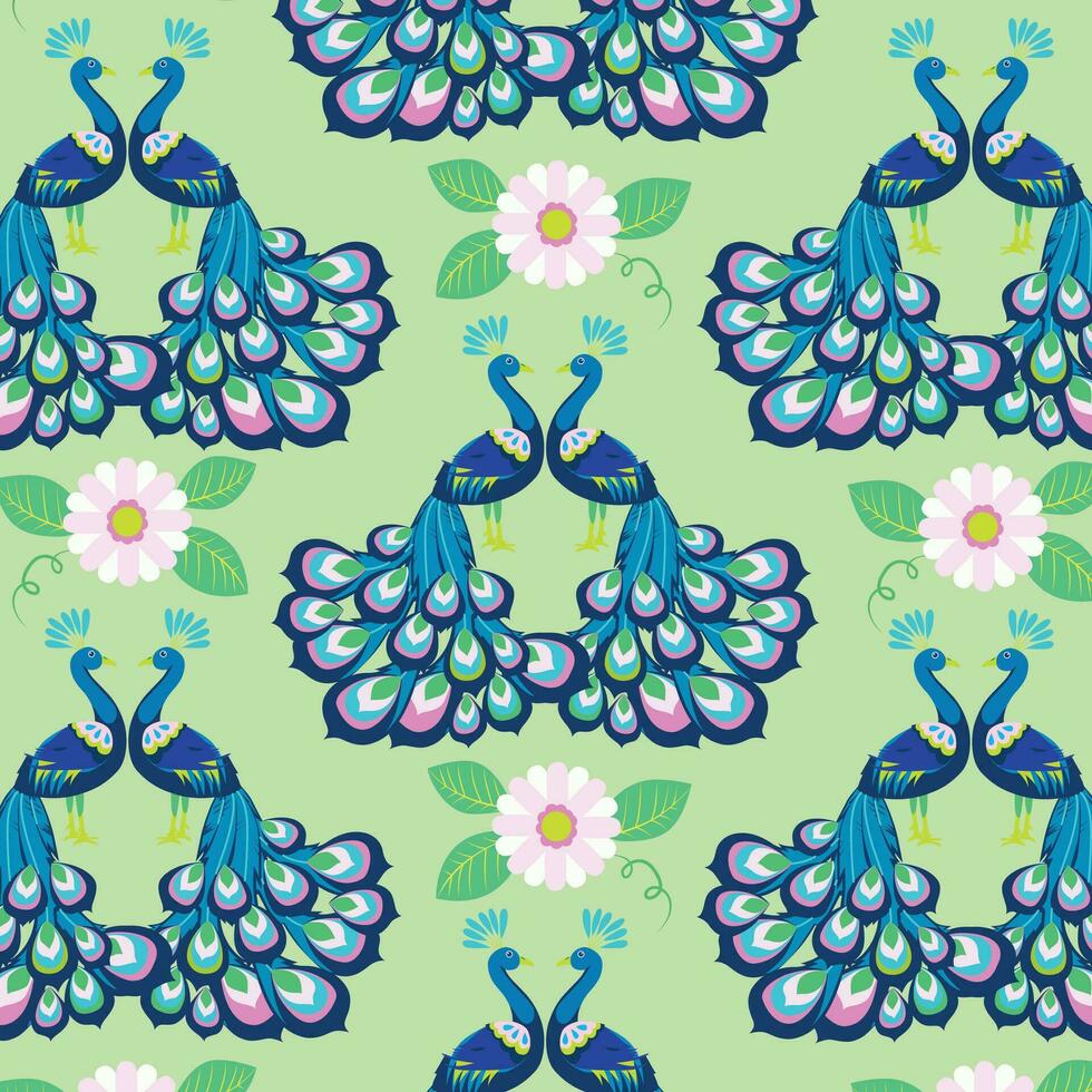 pattern of stylized Peacock and flowers in warm colors. vector