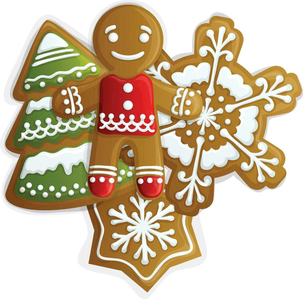 Christmas vector gingerbread holiday cookies with sugar frosting collection. Holiday decoration elements christmas tree, snowflake, star