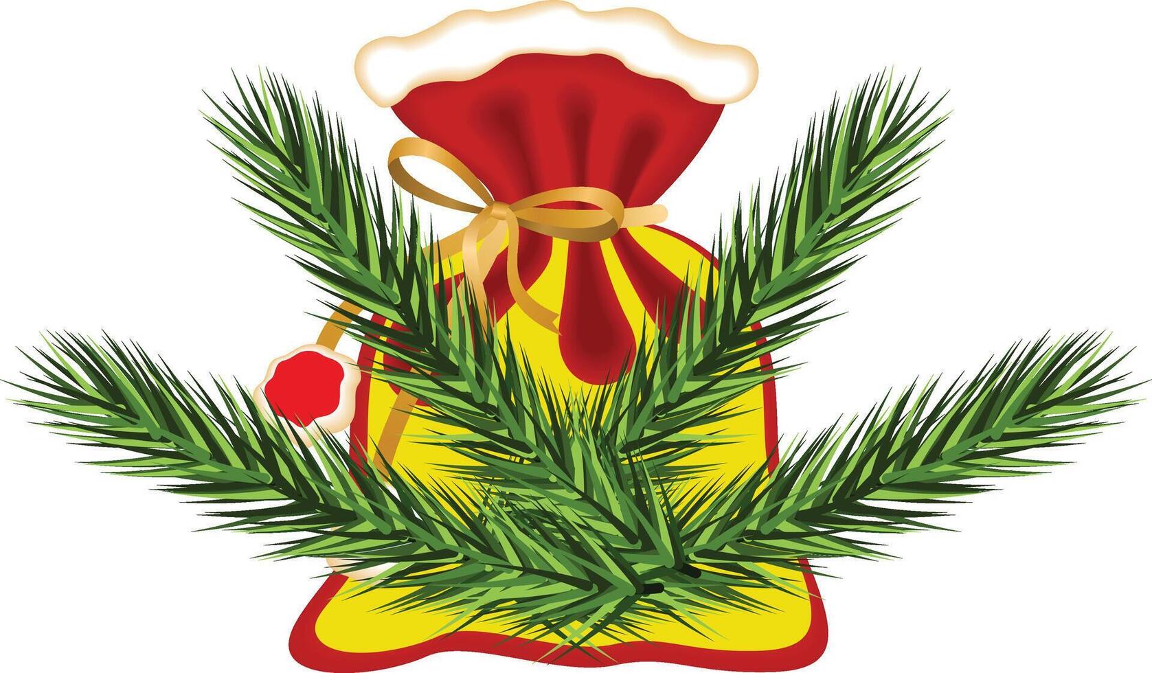 Golden jingle bells with red ribbon bow and fir branche Golden Christmas bell with branches vector