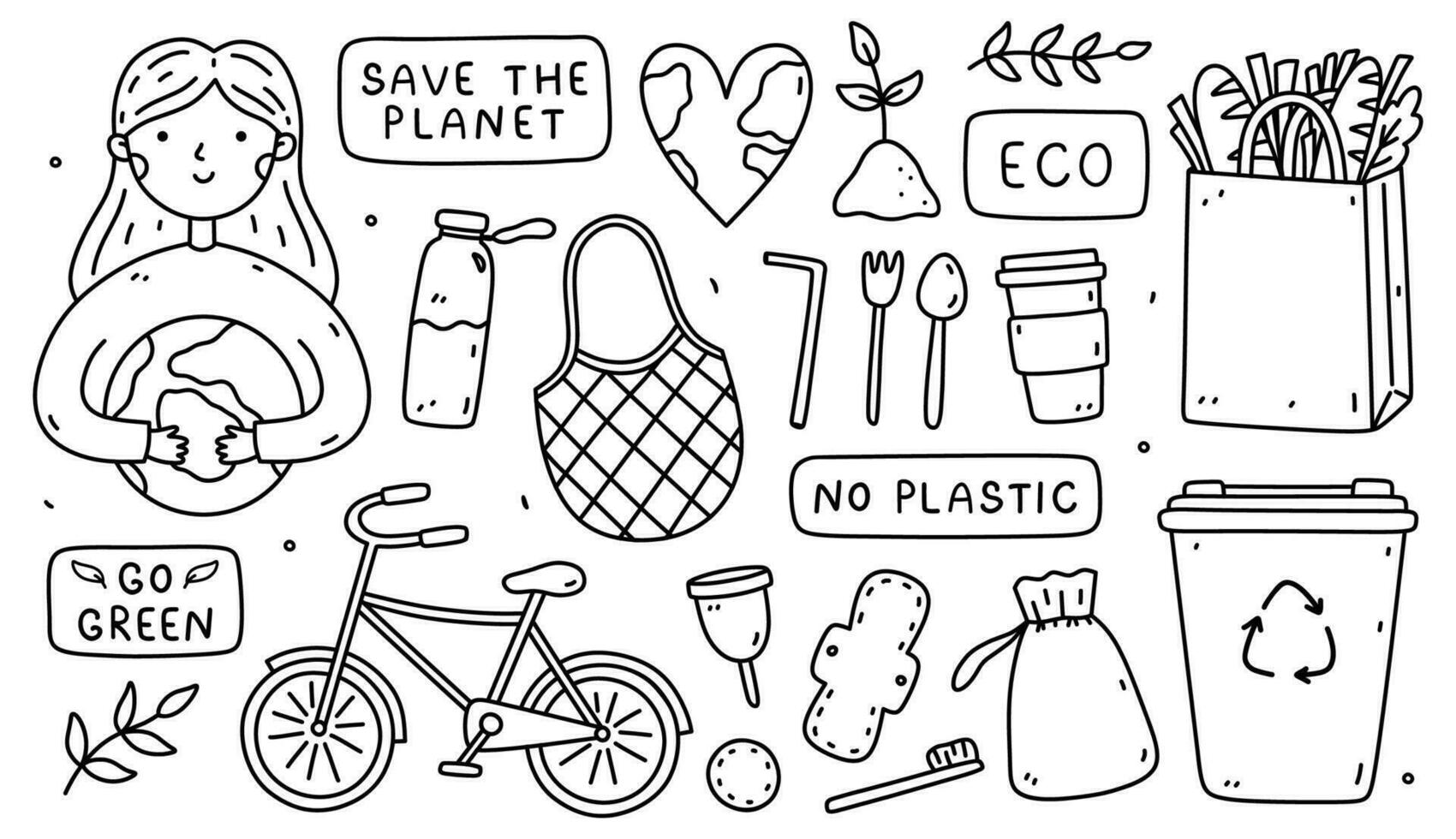 Set of Go green, Save the Planet doodles. A girl holding the Earth, heart-shaped planet, bicycle, mesh bag, steel cutlery, recycle bin, reusable items, paper shopping bag. Zero waste, ecology concept. vector