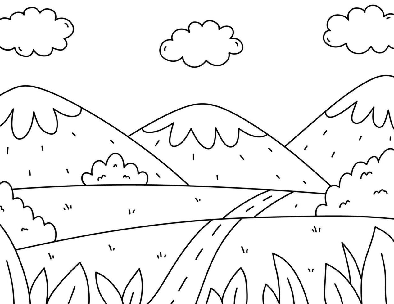 Cute kids coloring page. Landscape with mountains, clouds, field, bushes and road. Vector hand-drawn illustration in doodle style. Cartoon coloring book for children.